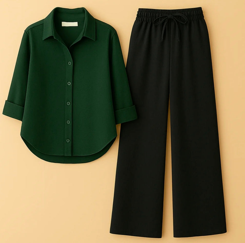 Dark Green Shirt+Black Trouser Duo Set