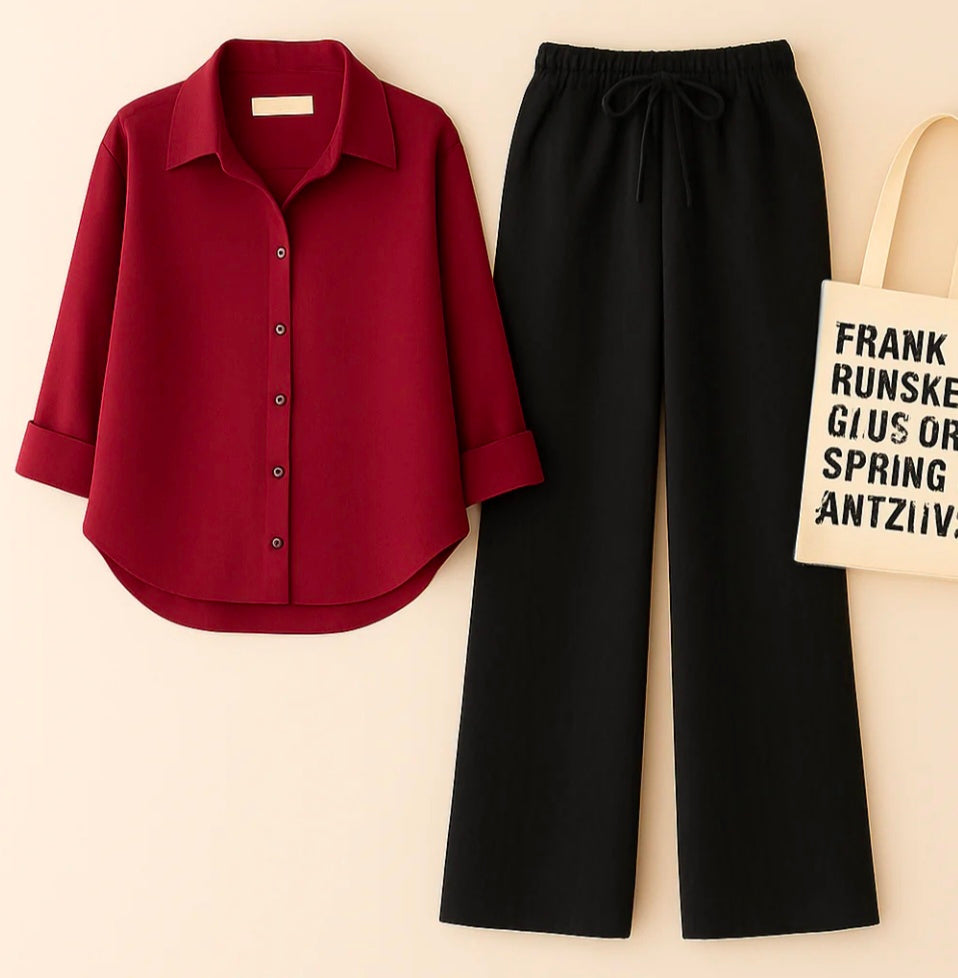 Maroon Shirt+Black Trouser Duo Set