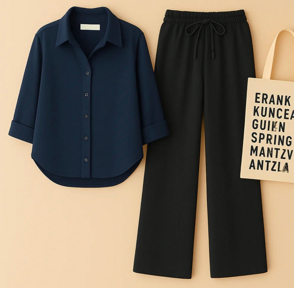 Dark Blue Shirt+Black Trouser Duo Set