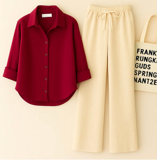 Maroon Shirt+Beige Trouser Duo Set