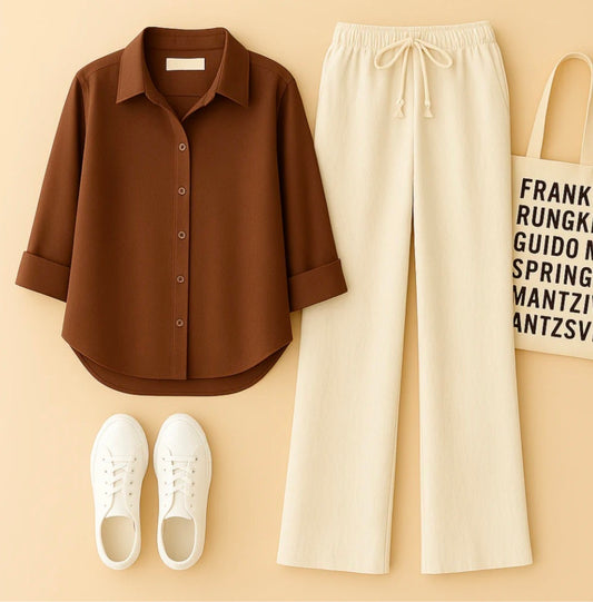 Brown Shirt+Beige Trouser Duo Set