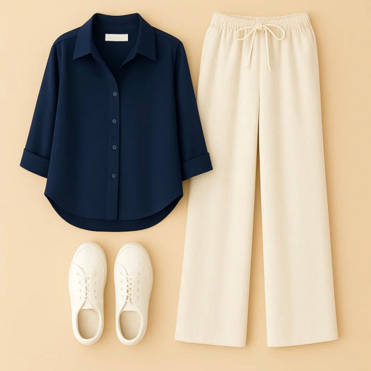 Dark Blue Shirt+Beige Trouser Duo Set