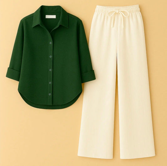 Dark Green Shirt+Beige Trouser Duo Set