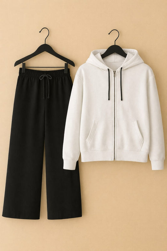 White zipper Hoodie & black flapper Trouser