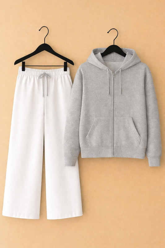 Gery zipper Hoodie & white flapper Trouser