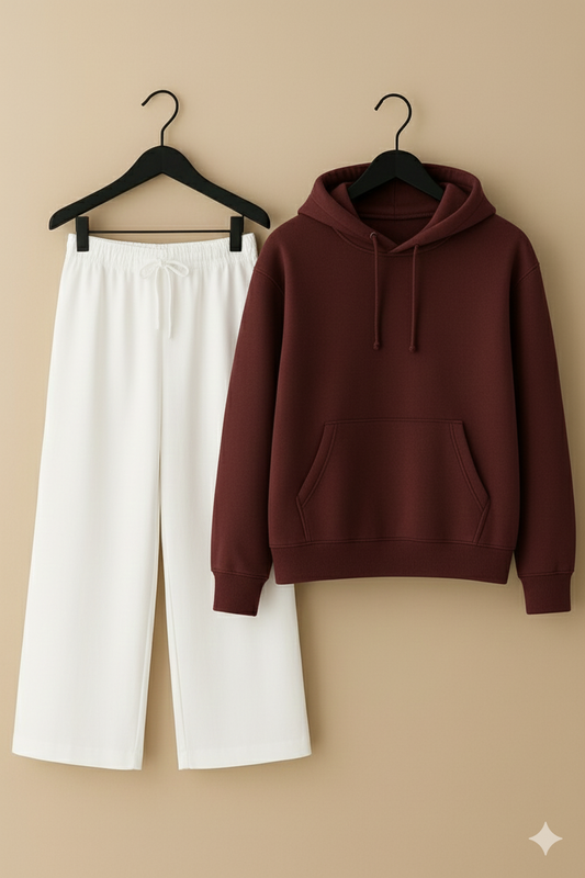 Mahroon hoodie & White flapper Trouser