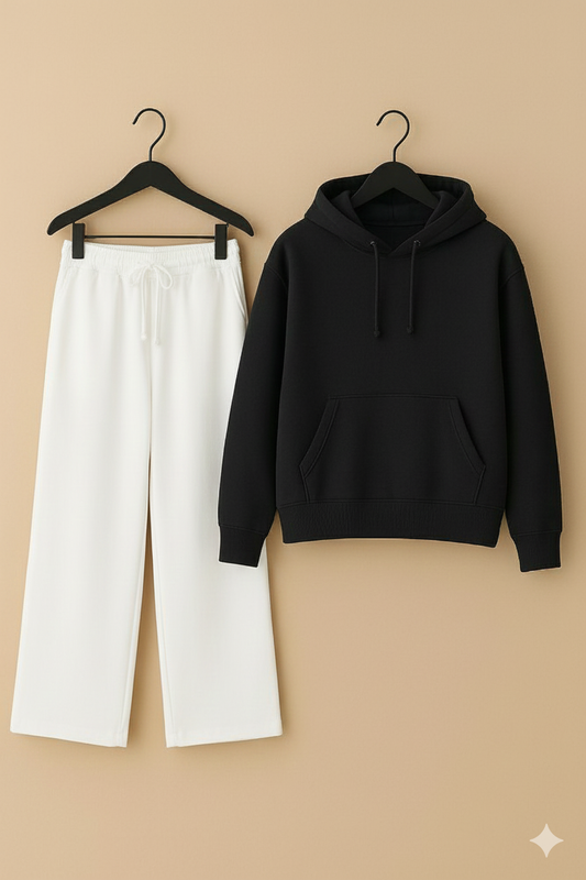 Black hoodie & white flapper Trouser