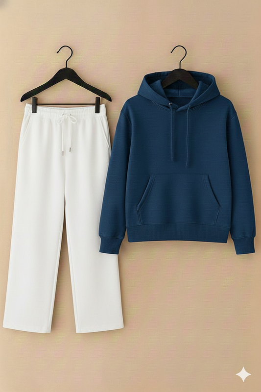 Navy Blue hoodie & white Trouser