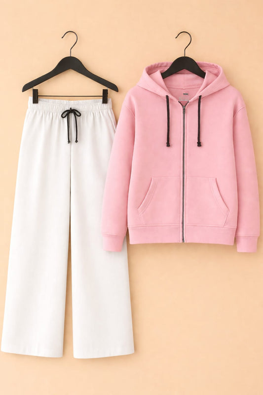 Baby pink zipper Hoodie & white flapper Trouser