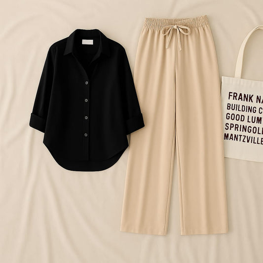 Black Shirt+Beige Trouser Unisex Duo Set