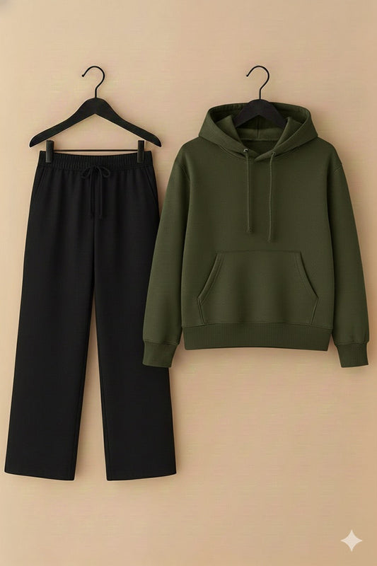 Olive Green hoodie & black flapper Trouser