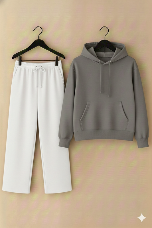 Gery hoodie & wahite flapper Trouser