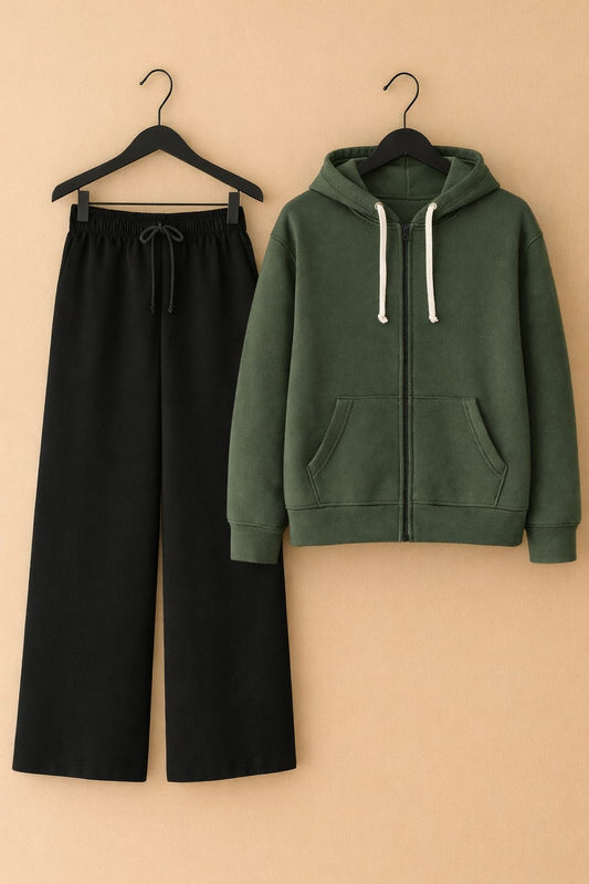 Olive green zipper Hoodie & black flapper Trouser