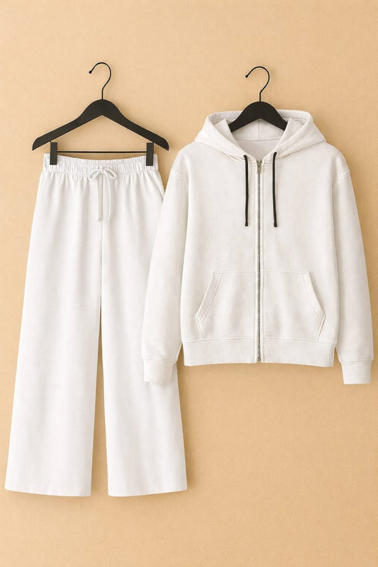 White zipper Hoodie & black flapper Trouser