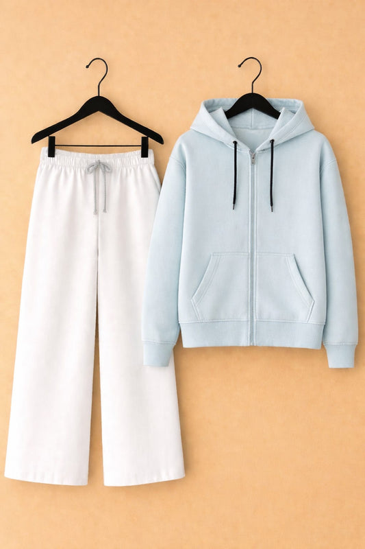 Sky blue zipper hoodie & white flapper Trouser