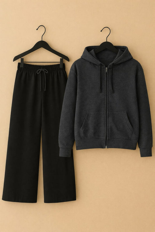 Charcoal zipper Hoodie & black flapper Trouser