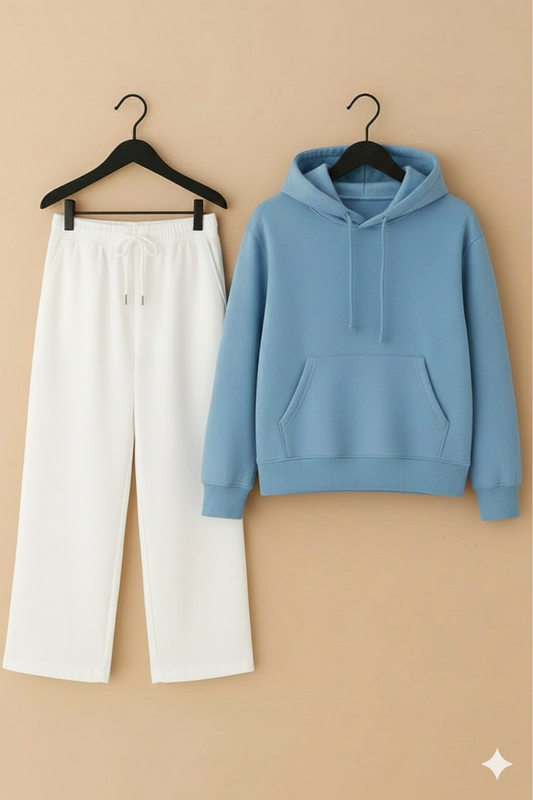 Sky blue hoodie & white flapper Trouser