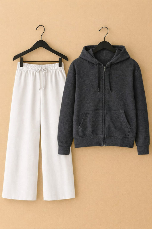 Charcoal zipper Hoodie & white flapper Trouser